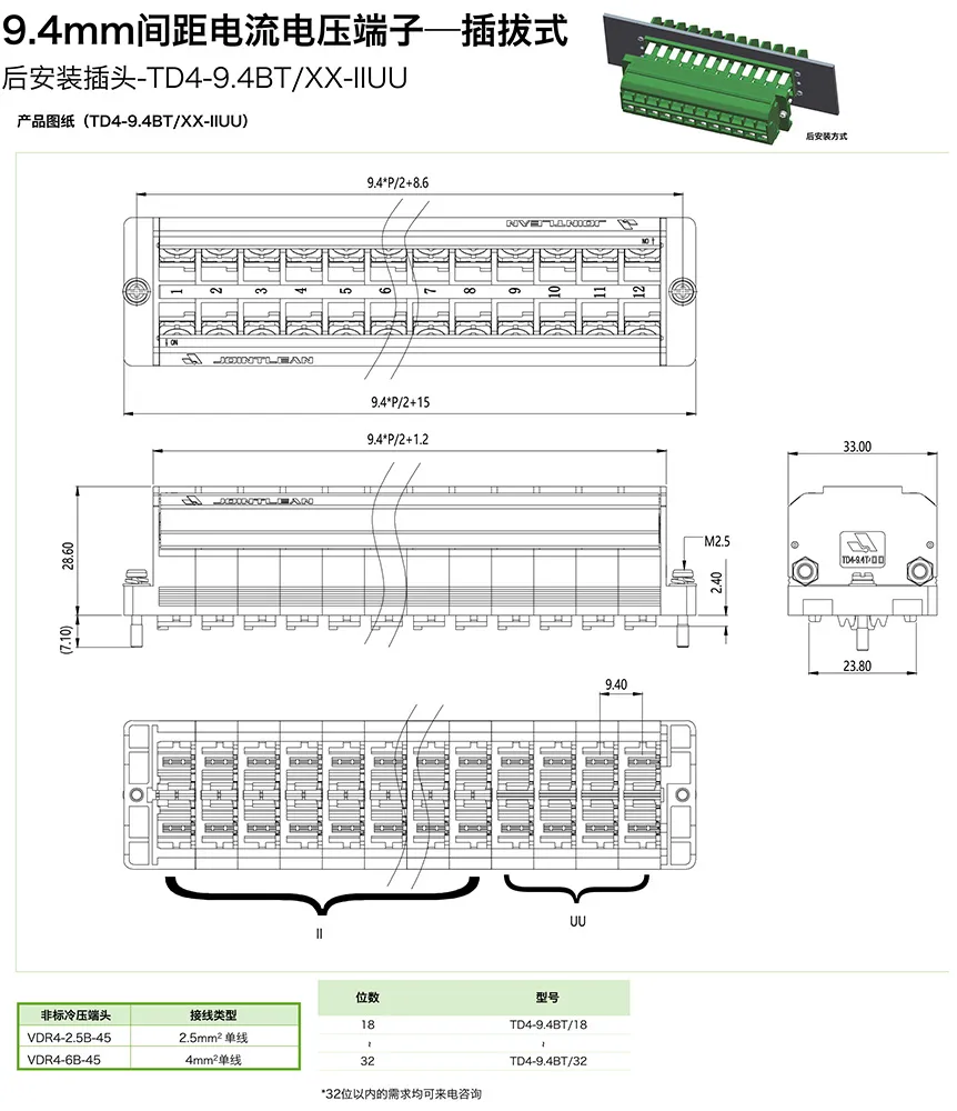 9.0mm间距电流电压端子-插拔式后安装插头TD4-9.4BT/XX-IIUU(图1)