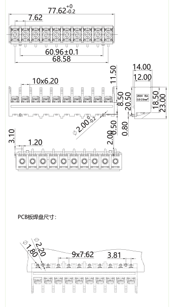 栅板式端子台GT2.5-762-10P图纸