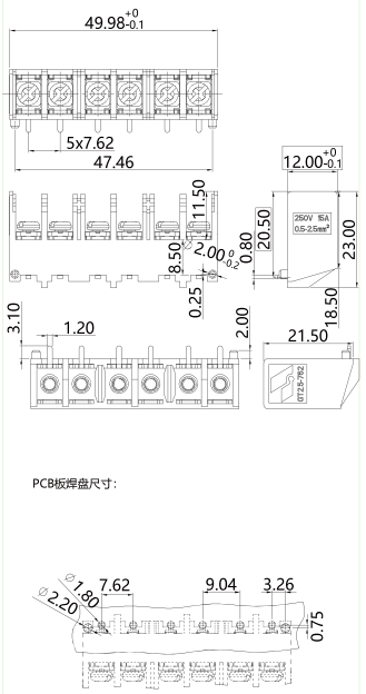 栅板式端子台GT2.5-762-06P图纸